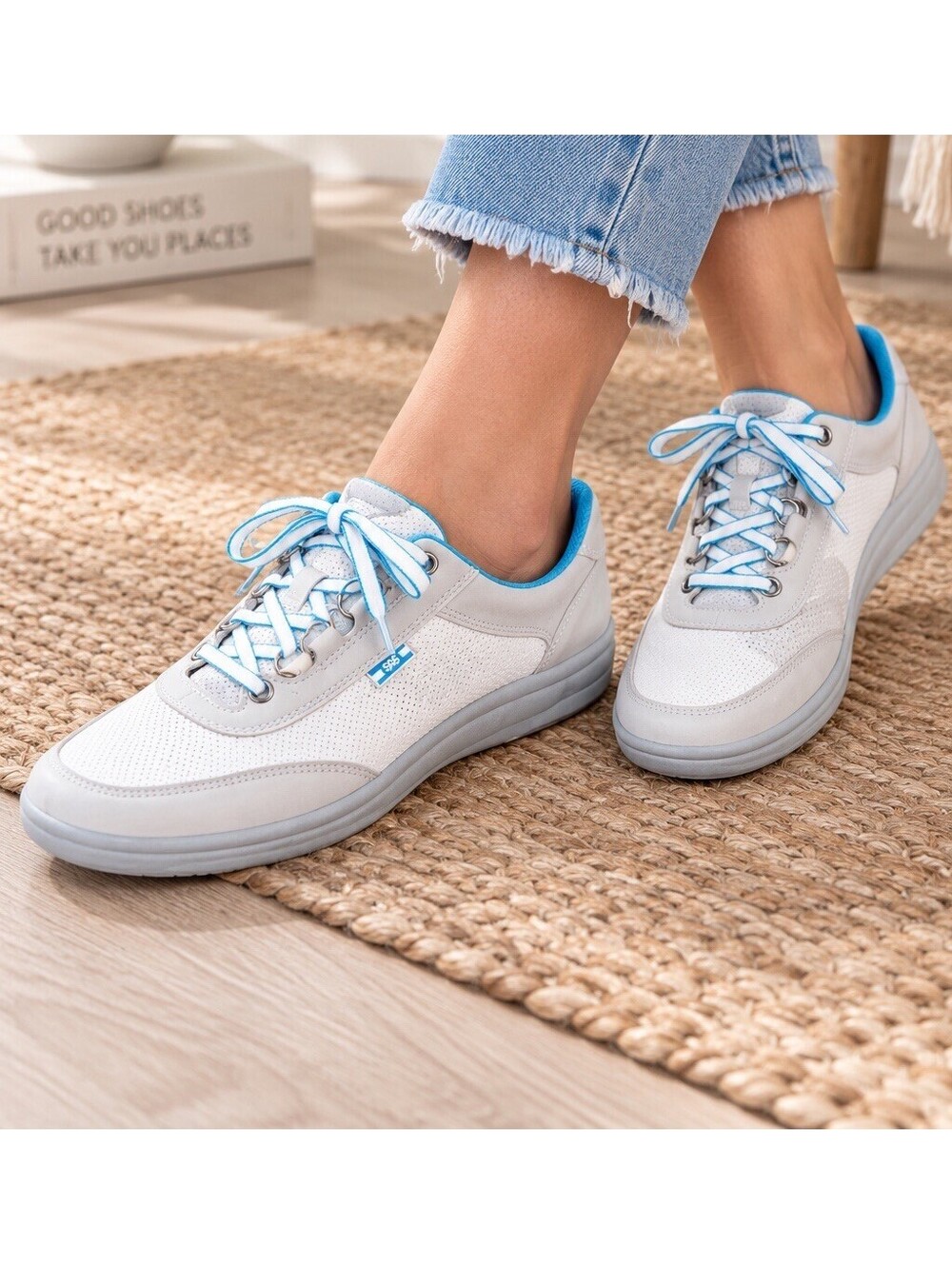 SAS Sporty Women’s 8 S Slim Walking Shoes White Gray Blue Leather Made USA $184